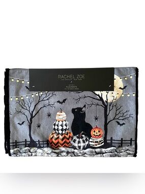 RACHEL ZOE Set/4 Mackenzie-Childs Inspired Cat & Pumpkin Halloween Placemats NEW
